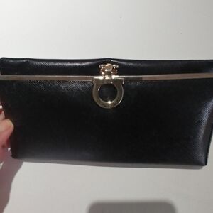 Ferragamo Long Black Women's Clutch Wallet with Silver Accents